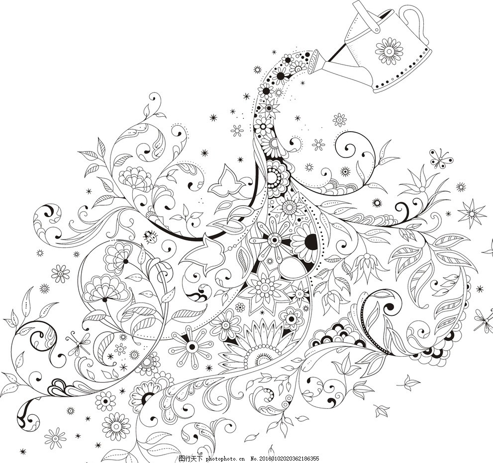 秘密花园线条画 矢量图 黑白 欧式