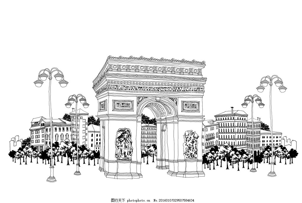 手绘线条巴黎凯旋门