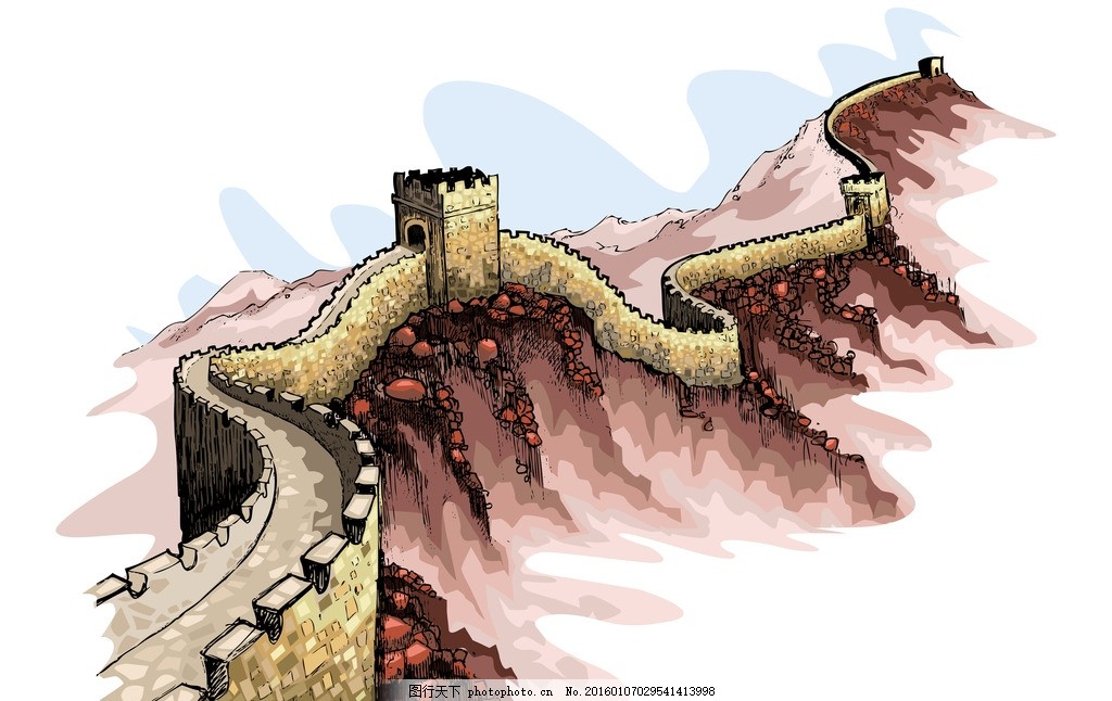 单色手绘长城,绘画 水墨画-图行天下图库