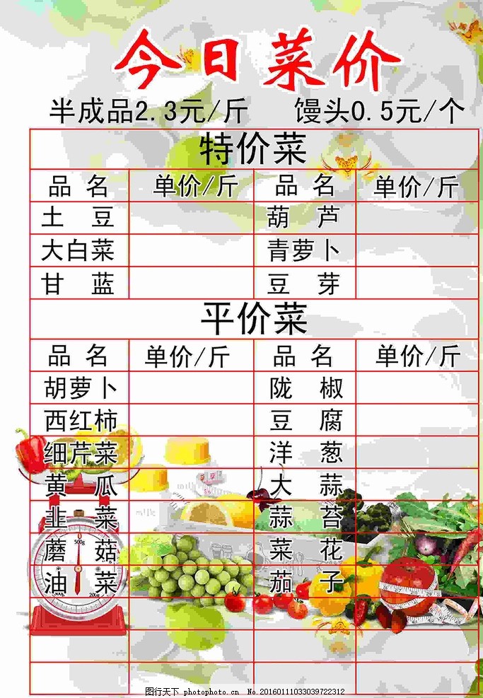 蔬菜水果店价目表
