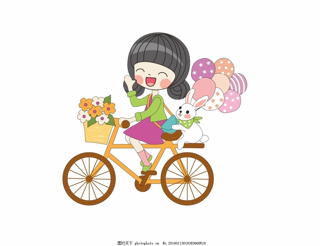 骑车的小女孩 卡通 儿童 自行车 气球 可爱 花篮 女孩卡通 女孩矢量