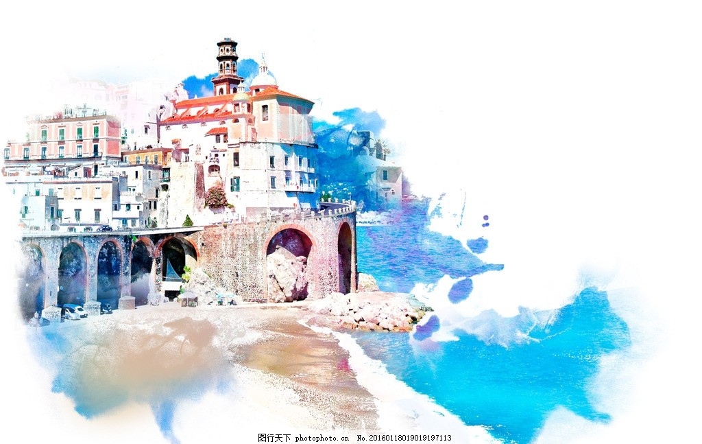 欧式建筑 海景图片 沙滩 水彩