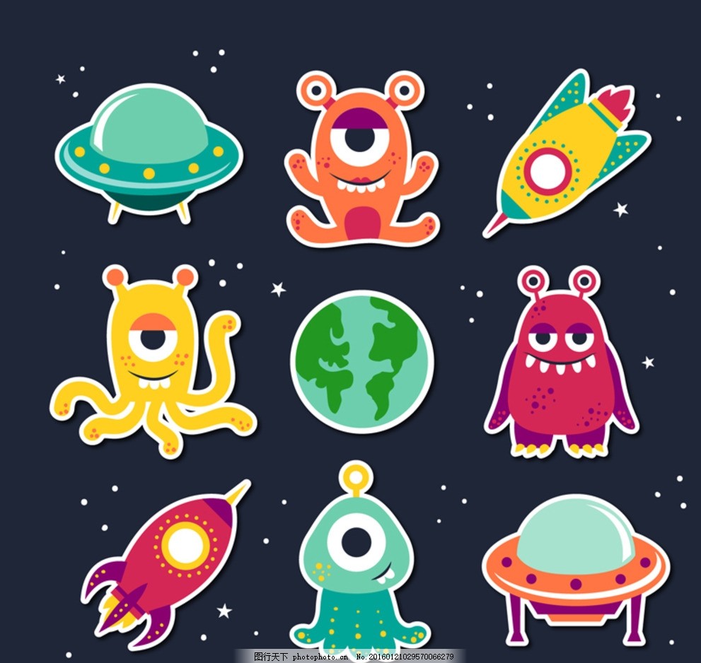 卡通外星人和飞碟,地球 火箭 贴纸 宇宙 太空 怪物-图行天下图库
