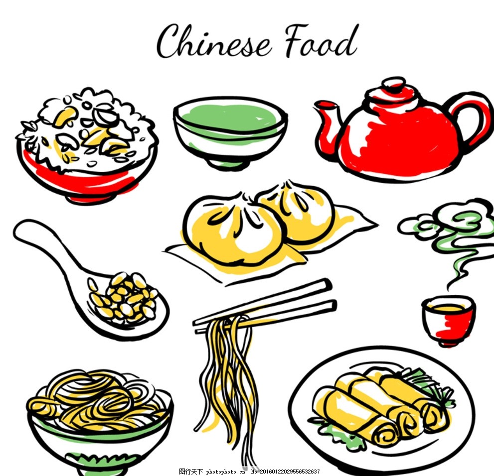 彩绘中国食物,彩绘传统美食 早餐 炒饭 包子 大