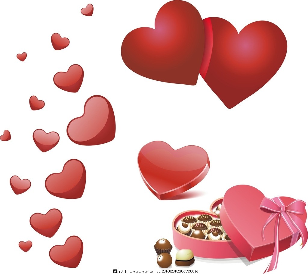 情人节礼物 心形 巧克力,心形礼物盒 红色 矢量