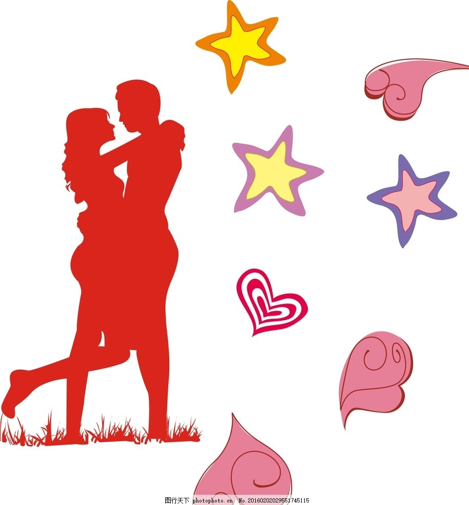 心形 星星 情侣,浪漫卡通 情人节素材 剪影 拥抱