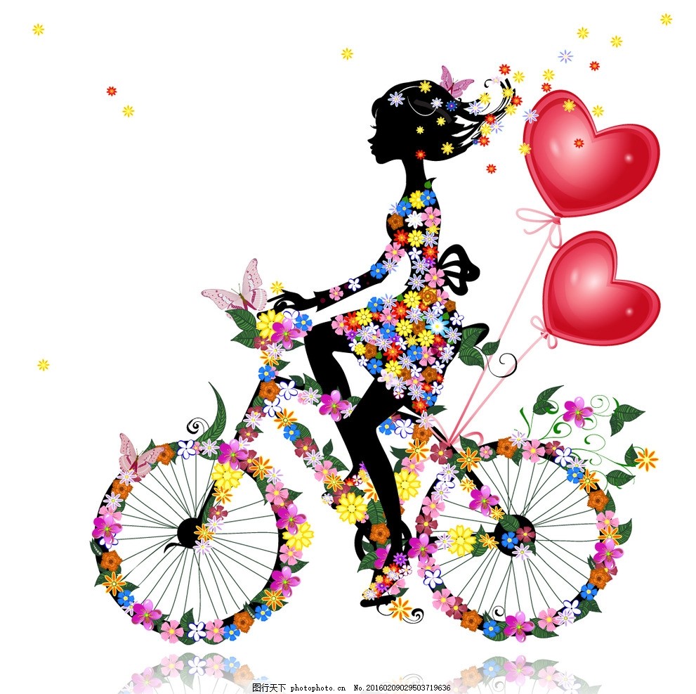 魅力自行车蝴蝶花女人,花朵 花花姑娘 时尚插画