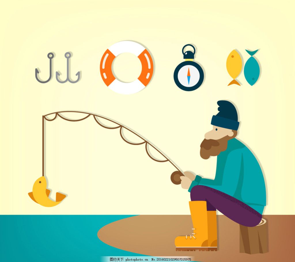 钓鱼男子插画,钓鱼的男子 鱼钩 救生圈 计时器
