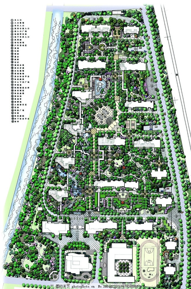 小区手绘平面图 表现 效果图 配景 园林 景观 建筑 植物 分层