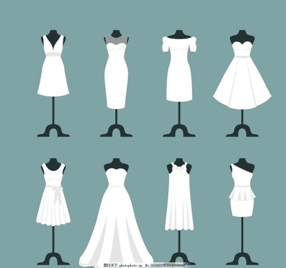 白色婚纱设计 礼服 服装 衣服 人形衣架 连衣裙 裙子 长裙 短裙