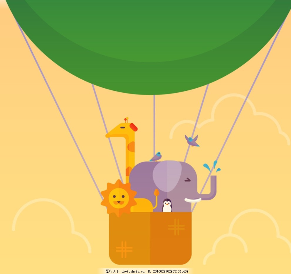 热气球,动物 大象 长颈鹿 狮子 企鹅 鸟 小鸟 鸟类