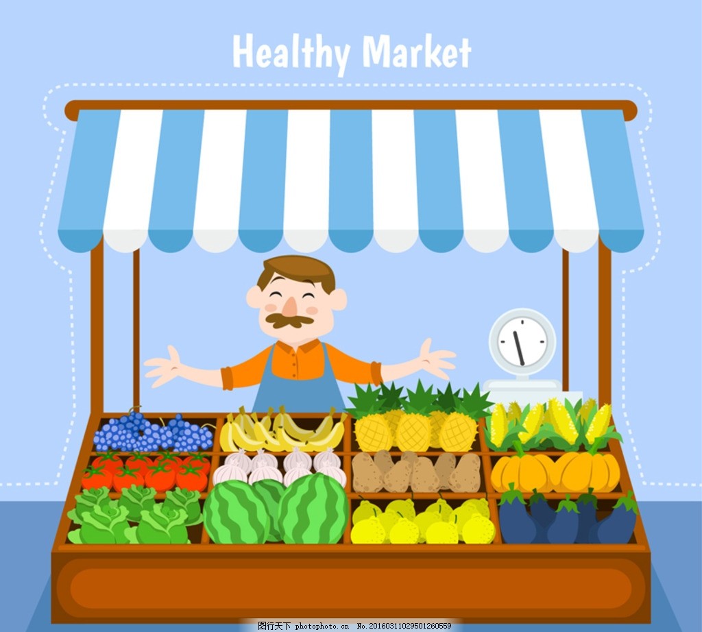 卖水果蔬菜的小摊矢量素材-图行天下图库