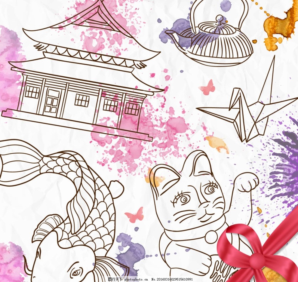 彩绘日本元素 彩绘 日本 宫殿 鲤鱼 招财猫 蝴蝶结 丝带 纸鹤 折纸 千纸鹤 茶壶 蝴蝶 房屋 屋子 房子 建筑 墨渍 墨迹 喷墨 喷溅 水彩 颜料 插画 背景 海报 画册 设计 广告设计 卡通设计 AI 平面素材 设计 广告设计 广告设计 AI