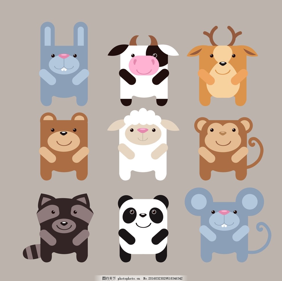 可爱动物,猴子 老鼠 奶牛 熊猫 羊-图行天下图库