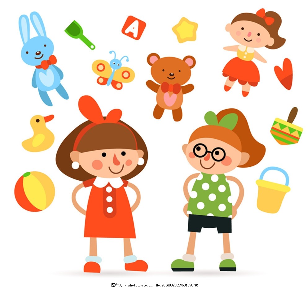 可爱玩具和女孩矢量素材,玩偶 铲子 兔子 皮球
