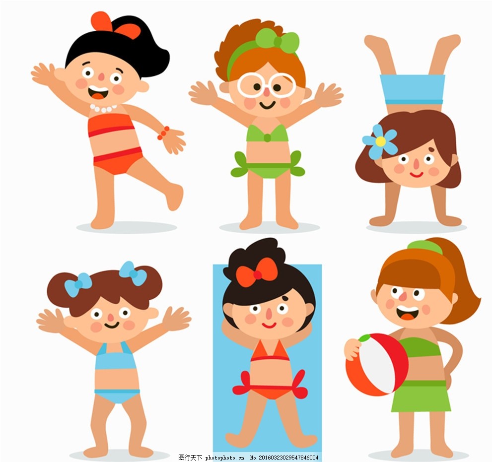 可爱夏季沙滩女孩矢量素材,比基尼 泳衣 孩子 儿