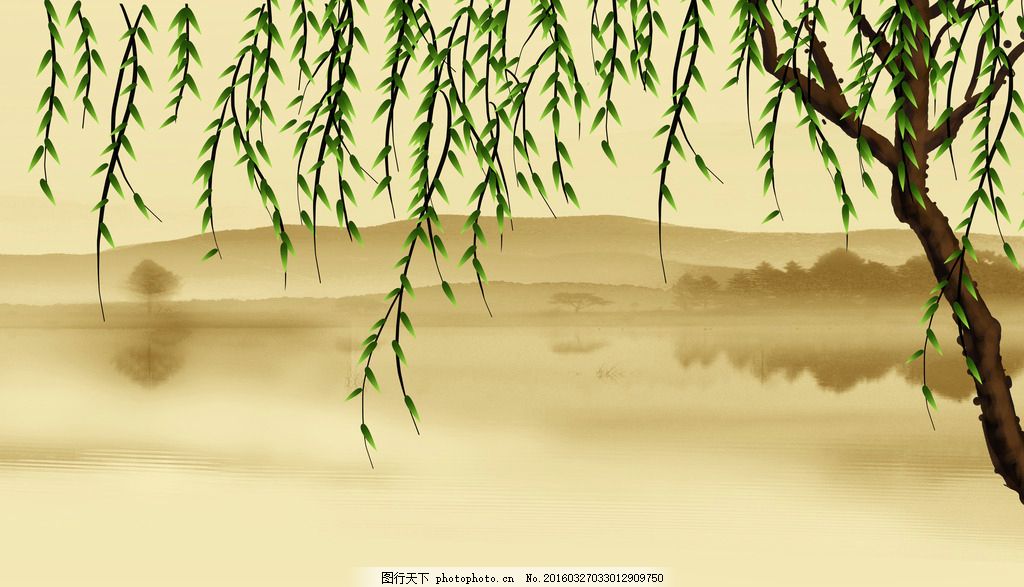 手绘柳条背景墙,简约风 空间背景墙 瓷砖 客厅电视墙-图行天下图库