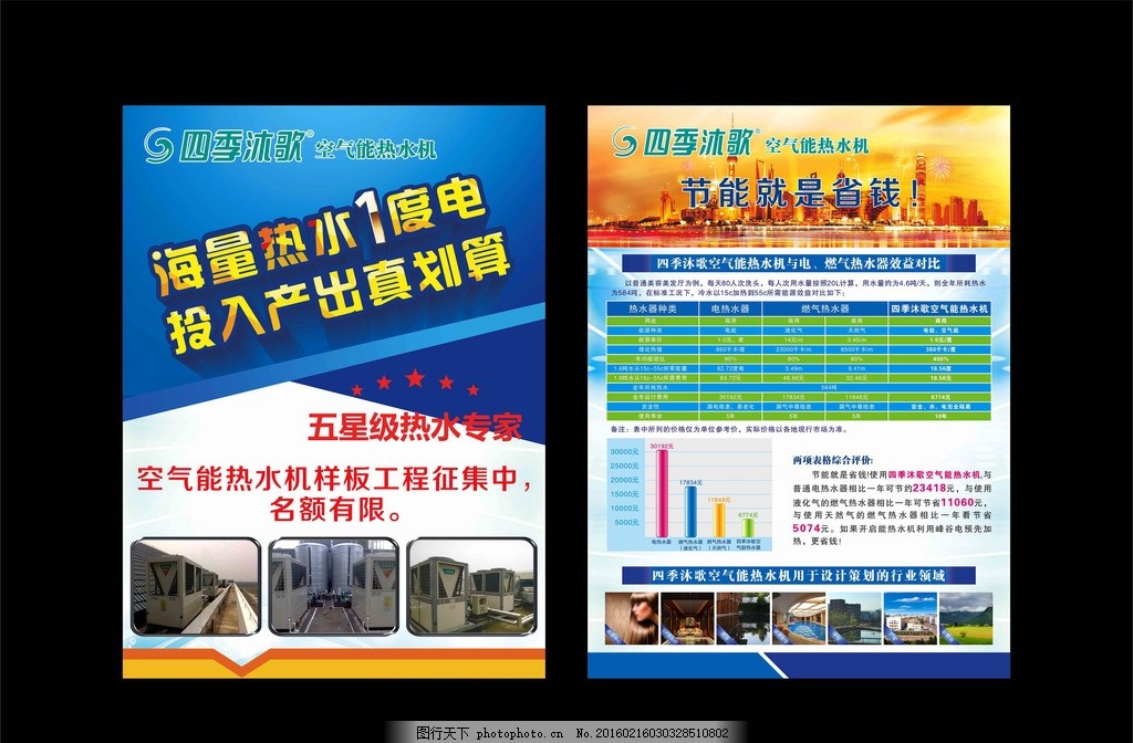 产品宣传单 热水机 空气能 热水专家 产品展示 蓝色背景 底纹