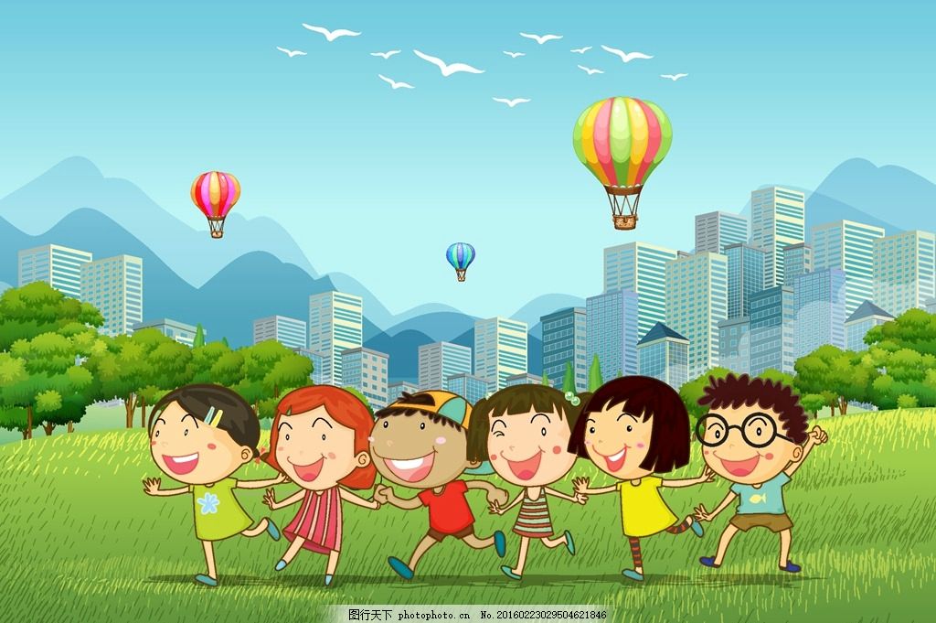 卡通儿童 卡通儿童插画 幼儿园 热气球 高楼大厦 托儿所 郊游